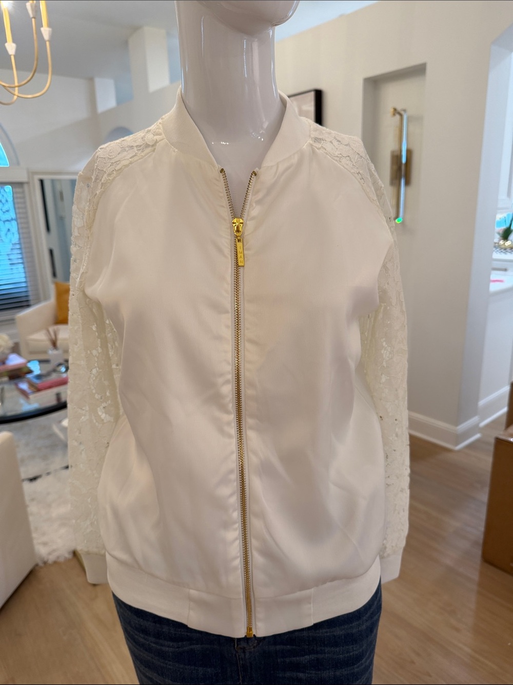 IMAN Ivory Lace-Sleeve Bomber Jacket